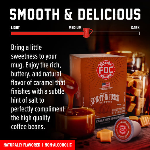 Promotional graphic for FDC Spirit Infused Coffee Caramel Bourbon, showing the product box, a capsule, caramel sauce, and coffee beans on a dark background with a flavor slider labeled ’Smooth & Delicious’.