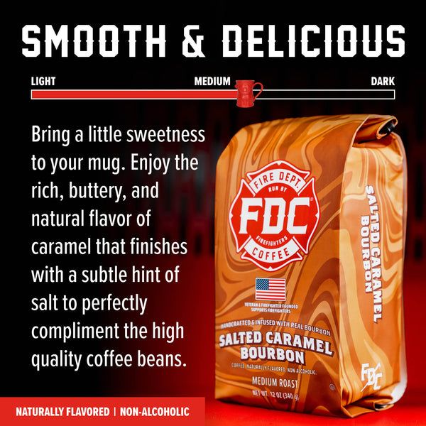 Fire Dept. Coffee Salted Caramel Bourbon coffee package on a white background