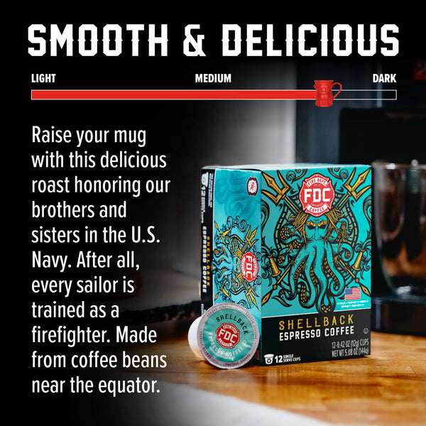 FDC Fire Department Shellback Espresso Coffee box with a single capsule shown in front on a white background.