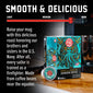 FOC Shellback Espresso Coffee box and single-serve pod on a wooden table with promotional text and a roast slider graphic at the top. The product packaging is turquoise with black and gold illustration, and the pod is silver with a turquoise label.