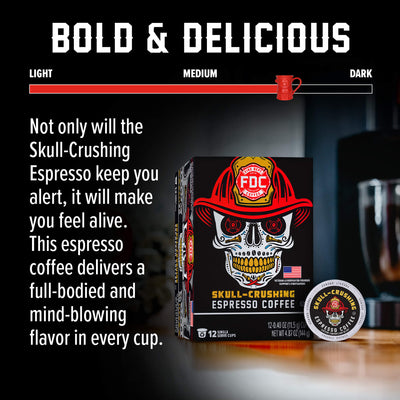 FDC Skull-Crushing Espresso Coffee packaging box with a large skull wearing a firefighter helmet graphic, shown alongside a single coffee pod on a white background.
