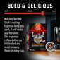A promotional graphic for FDC Skull-Crushing Espresso Coffee, showing the retail box and a single coffee capsule on a dark bar counter with a blurred glass in the background. The image includes marketing text and a red-to-black gradient labeled ’BOLD & DELICIOUS’ with ’LIGHT’, ’MEDIUM’, and ’DARK’ options.