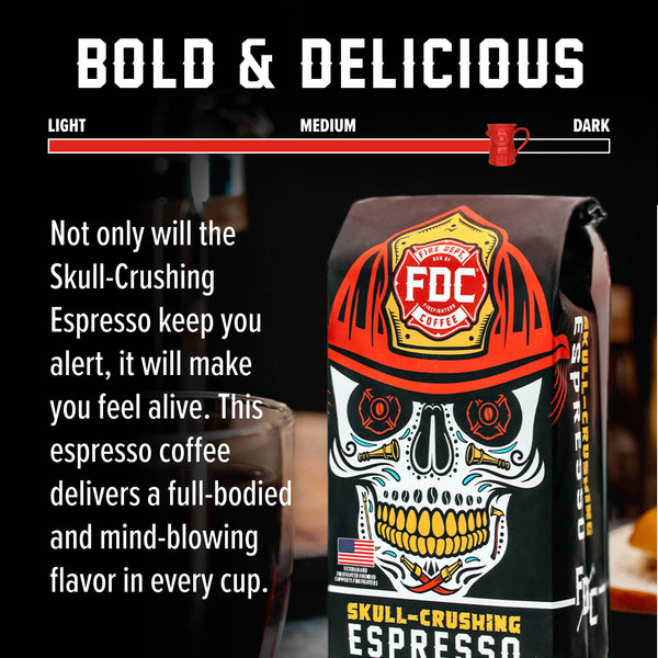 A 12-ounce package of Fire Department Coffee Skull-Crushing Espresso Roast.