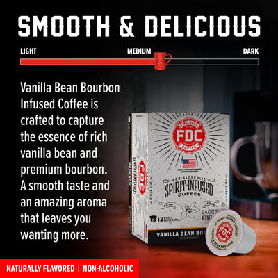 FDC Fire Department Vanilla Bean Bourbon coffee packaging box with a single coffee capsule in front, on a white background.