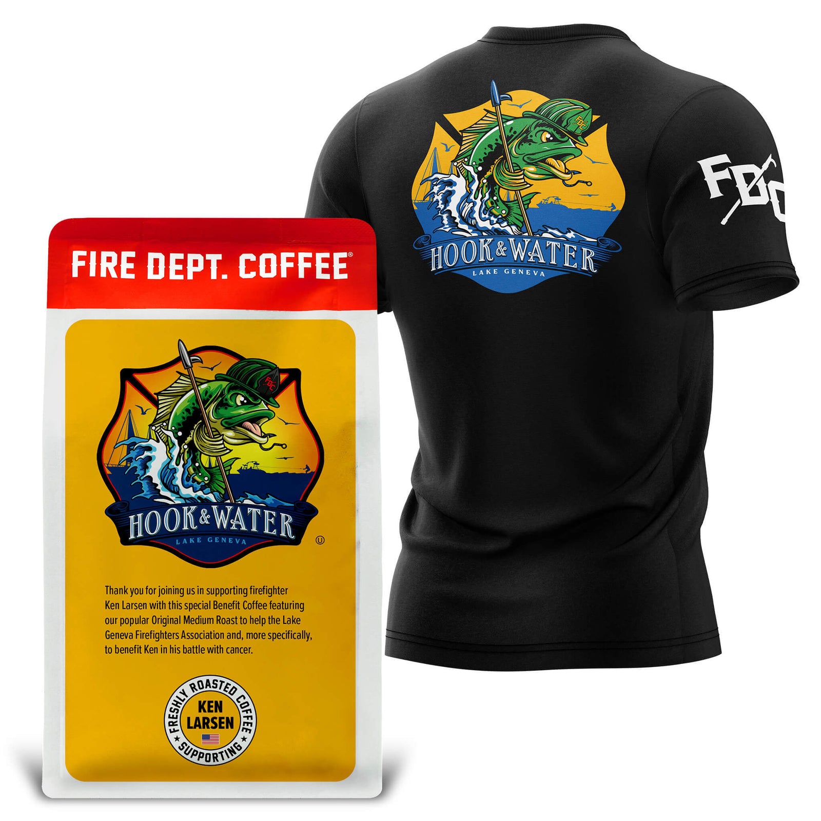 Benefit shirt and coffee bundle supporting Ken Larsen of Lake Geneva Wisconsin Fire Department