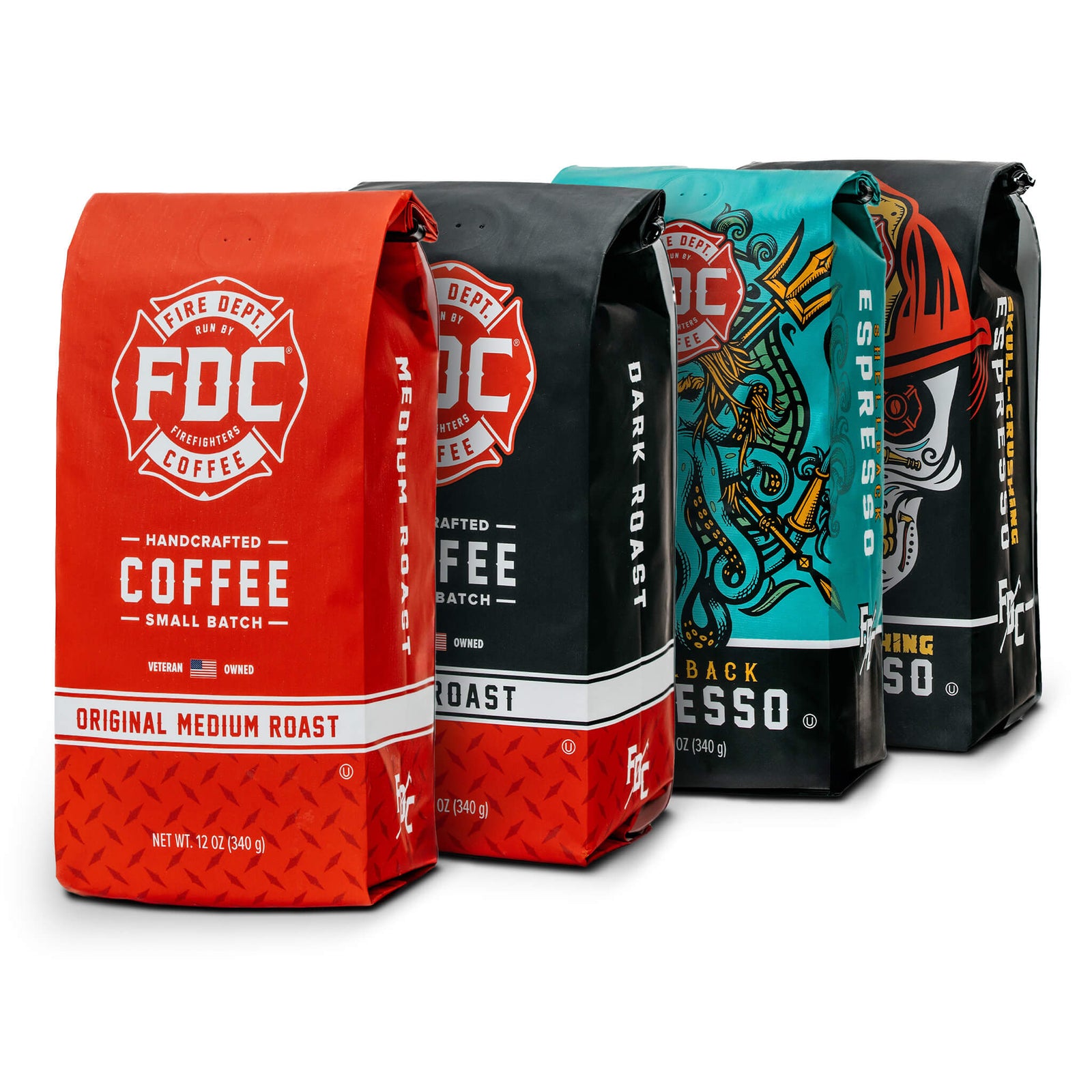 4 bags of Fire Department Coffee that includes the Original Medium Roast, Dark Roast, Shellback Espresso, and Skull Crushing Espresso