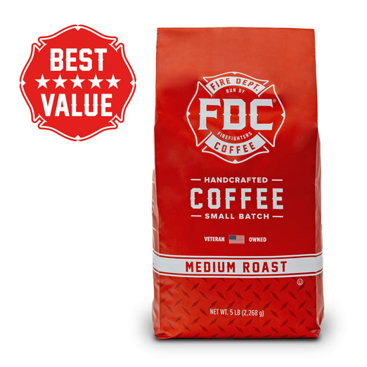 A 5lb bag of Fire Department Coffee’s Original Medium Roast with a ”best value” tag in the top left corner