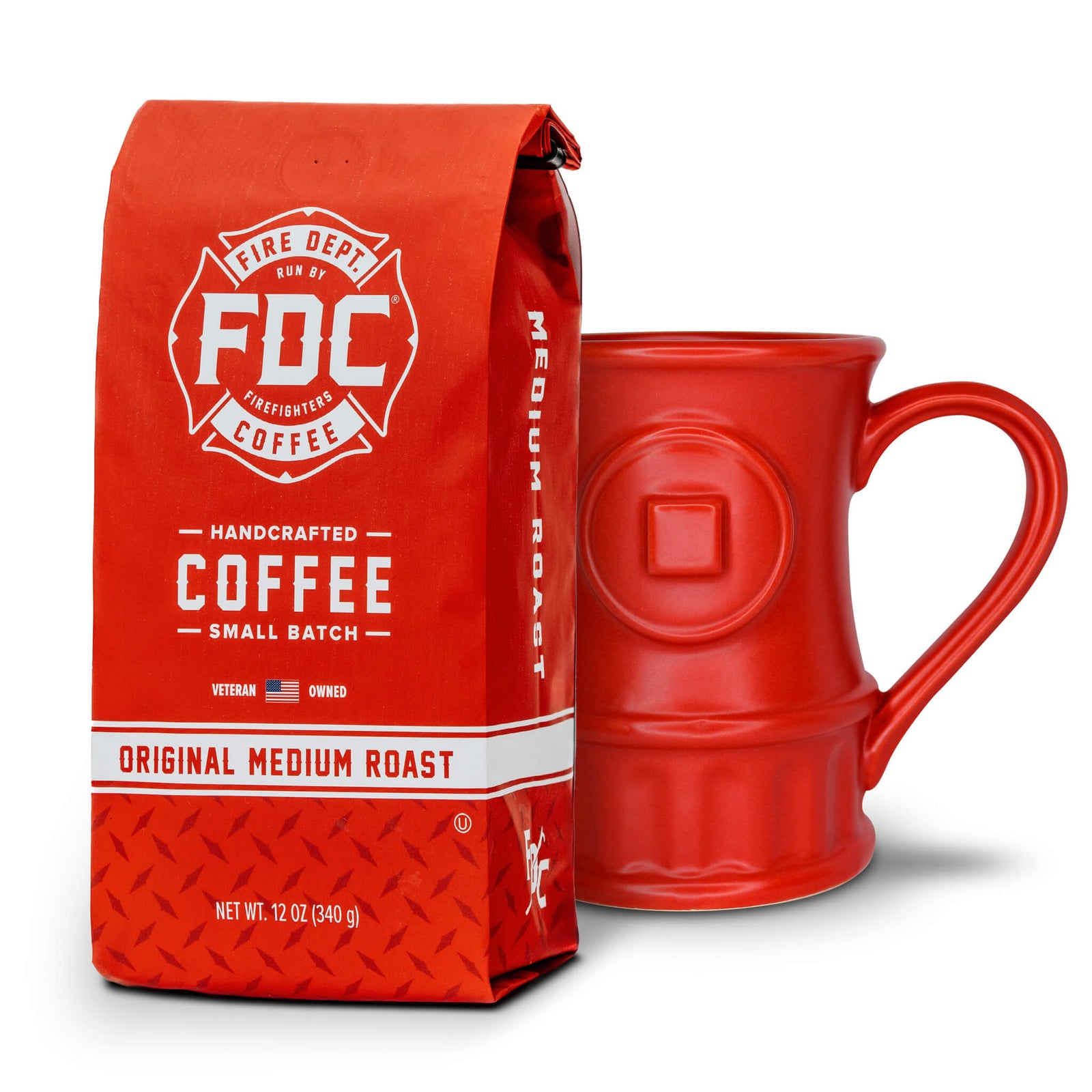 A 12 ounce bag of Original Medium Roast Coffee and a red Fire Hydrant Coffee Mug