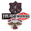 A collection of vintage Fire Department Coffee stickers.