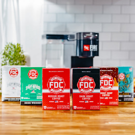 The Fire Department Coffee Pod Variety Pack featuring the Vanilla Bean Bourbon Infused Coffee Pods, Shellback Espresso Coffee Pods, Original Medium Roast Coffee Pods, Irish Whiskey Infused Coffee Pods, Donut Shop Coffee Pods, and Dark Roast Coffee Pods