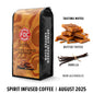 Bag of Spirit Infused Coffee Club Butter Toffee Bourbon coffee with tasting notes and vanilla beans on a white background.