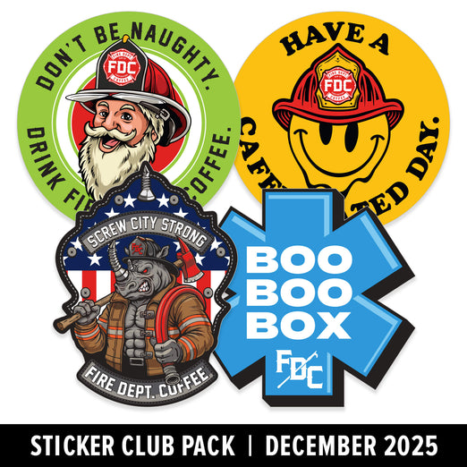 Collection of stickers featuring firefighter-themed designs and text, including ’Don’t Be Naughty’, ’Have a Coffee Day’, and ’Boo Boo Box’.