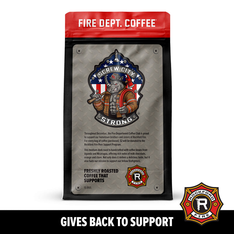 Fire Dept. Coffee package with screw city Strong design on a white background

