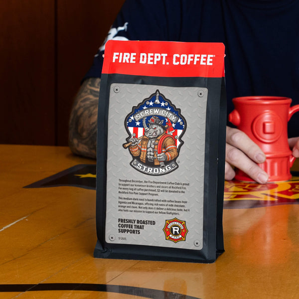 Fire Dept. Coffee package with screw city Strong design on a white background

