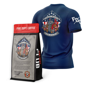 Blue t-shirt and Fire Dept. Coffee package with 'Screw City Strong' design on a white background


