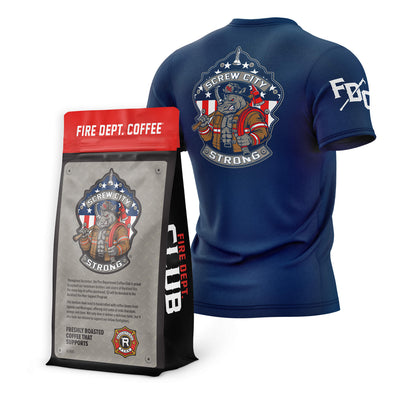 Blue t-shirt and Fire Dept. Coffee package with 'Screw City Strong' design on a white background

