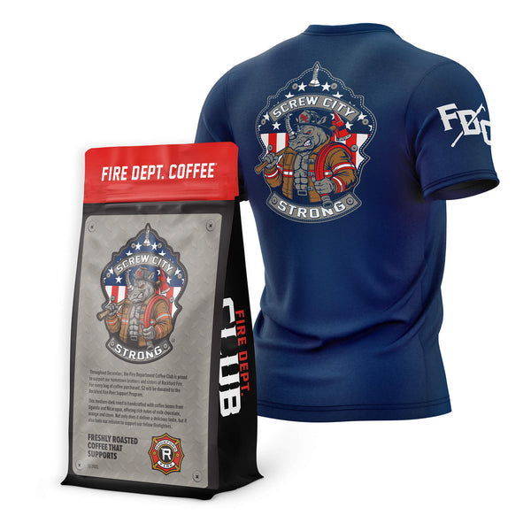 Blue t-shirt and Fire Dept. Coffee package with 'Screw City Strong' design on a white background

