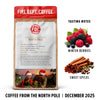 Fire Dept. Coffee package with tasting notes for winter berries and sweet spices, featuring a couple in Santa hats.