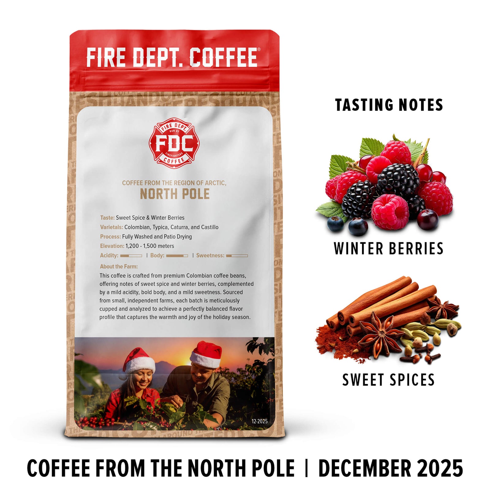Fire Dept. Coffee package with tasting notes for winter berries and sweet spices, featuring a couple in Santa hats.