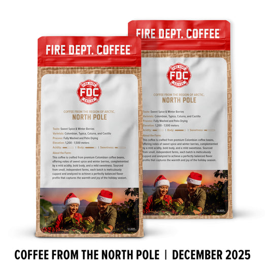 Two packages of Fire Dept. Coffee with a scenic image and text on a white background

