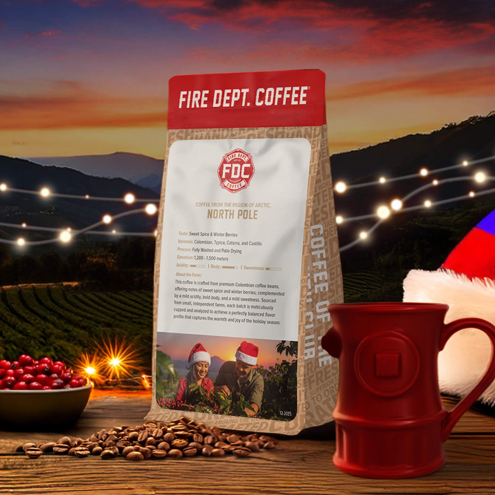 Fire Dept. Coffee package with tasting notes for winter berries and sweet spices, featuring a couple in Santa hats.