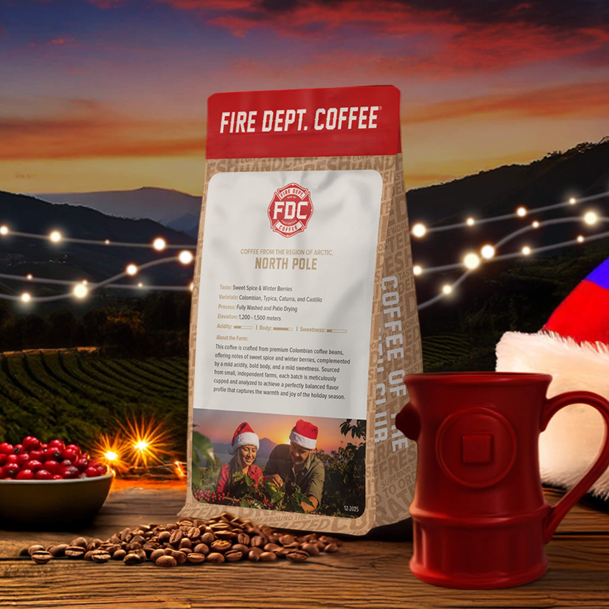 Fire Dept. Coffee package with tasting notes for winter berries and sweet spices, featuring a couple in Santa hats.