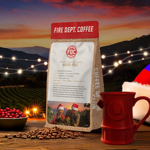 Fire Dept. Coffee package with tasting notes for winter berries and sweet spices, featuring a couple in Santa hats.