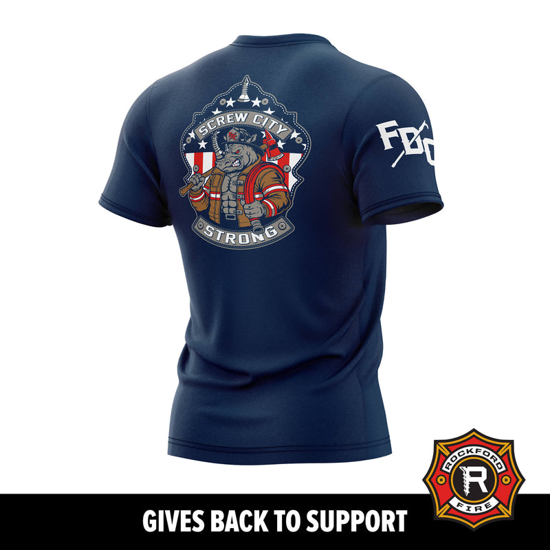 Navy blue t-shirt with graphic design and text on a white background

