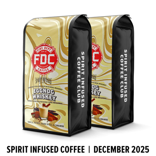 Two bags of FDC Spirit Infused Coffee with eggnog whiskey flavor on a white background.

