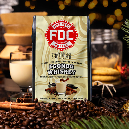 FDC Coffee Eggnog Whiskey package with coffee beans and holiday elements in the background

