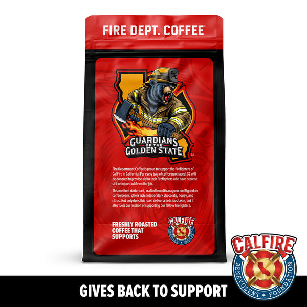 A coffee bag featuring the 'Guardians of the Golden State' design and the CalFire Benevolent Foundation logo in the bottom right corner.