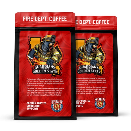 Two coffee bags featuring the ’Guardians of the Golden State’ design.