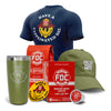 A collection of products in the Groovy Bundle including the Navy Blue Have a Caffeinated Day shirt, Green dad hat, Medium Roast Coffee, a green coffee tumbler, and a yellow Have a Caffeinated Day sticker.