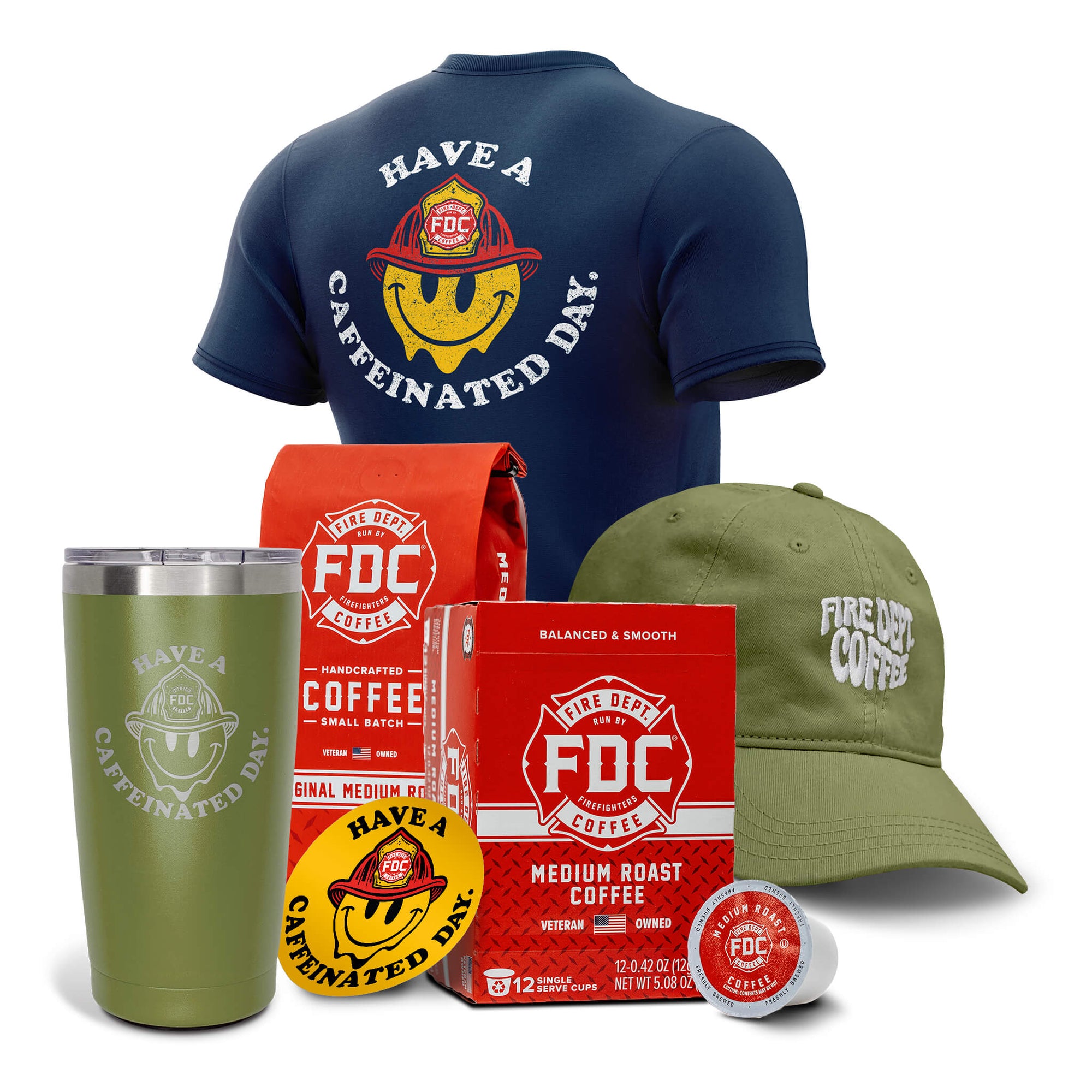 A collection of products in the Groovy Bundle including the Navy Blue Have a Caffeinated Day shirt, Green dad hat, Medium Roast Coffee, a green coffee tumbler, and a yellow Have a Caffeinated Day sticker.