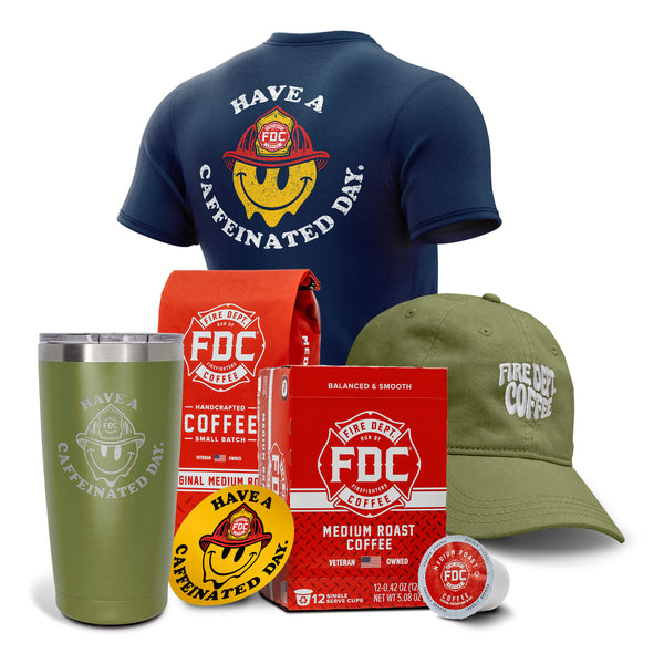 A collection of products in the Groovy Bundle including the Navy Blue Have a Caffeinated Day shirt, Green dad hat, Medium Roast Coffee, a green coffee tumbler, and a yellow Have a Caffeinated Day sticker.