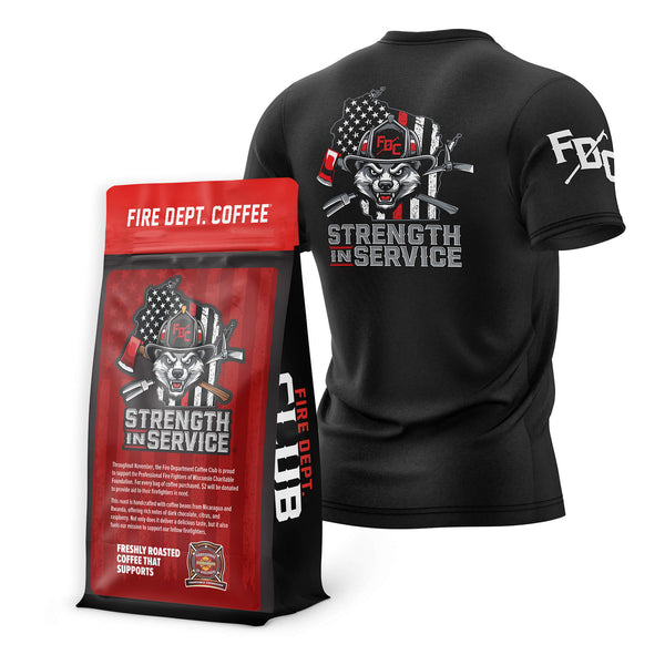 Black t-shirt and red coffee bag with 'Fire Dept. Coffee' branding on a white background