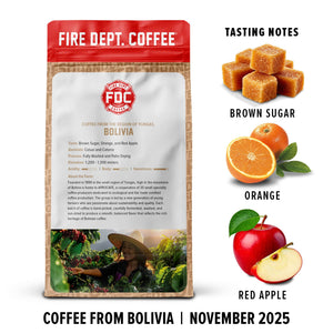Fire Dept. Coffee package with tasting notes for brown sugar, orange, and red apple.
