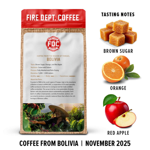 Fire Dept. Coffee package with tasting notes for brown sugar, orange, and red apple.
