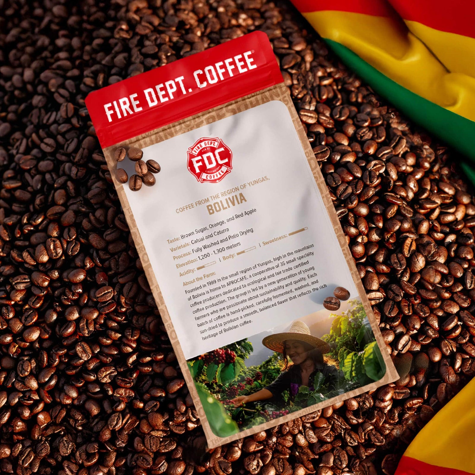 Fire Dept. Coffee package with tasting notes for brown sugar, orange, and red apple.
