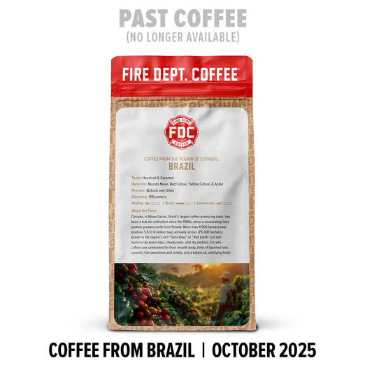 Fire Dept. Coffee package with a scenic image of coffee beans and a person in the background, on a white background.