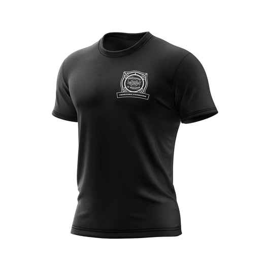 Black t-shirt with a logo on the chest against a white background

