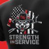 Black t-shirt with a graphic of a wolf in a firefighter helmet, American flag, and 'Strength in Service' text on a red background.