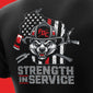 Black t-shirt with a graphic of a wolf in a firefighter helmet, American flag, and ’Strength in Service’ text on a red background.
