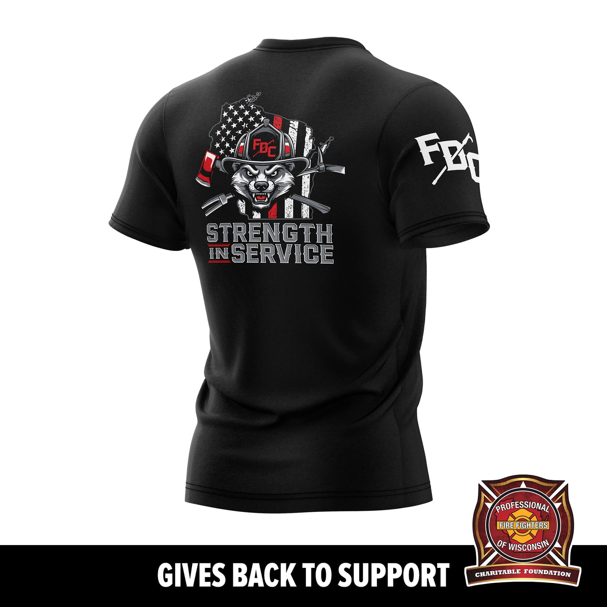 Black t-shirt and red coffee bag with 'Fire Dept. Coffee' branding on a white background