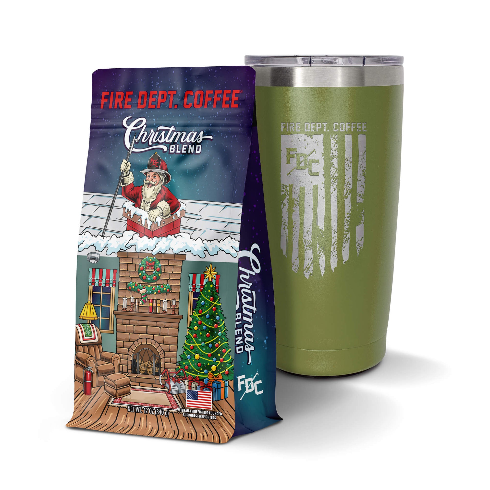 A white background with a bag of Fire Department Coffee's Christmas blend coffee and a Fire Department Coffee green flag tumbler.