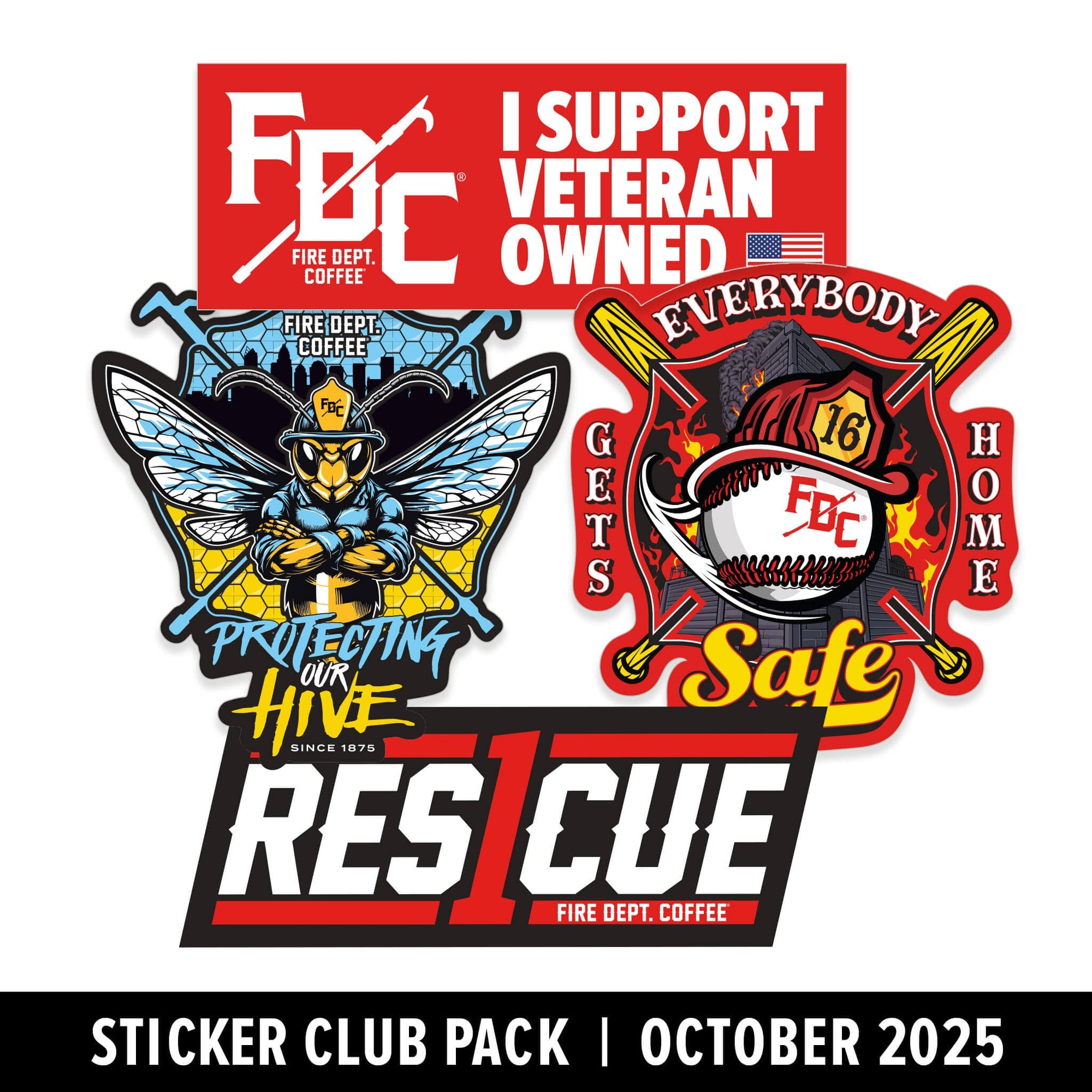 Sticker pack with Fire Dept. Coffee logos and text on a white background


