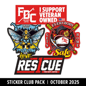 Sticker pack with Fire Dept. Coffee logos and text on a white background

