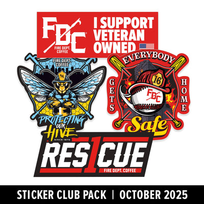 Sticker pack with Fire Dept. Coffee logos and text on a white background

