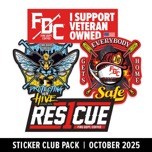 Sticker pack with Fire Dept. Coffee logos and text on a white background

