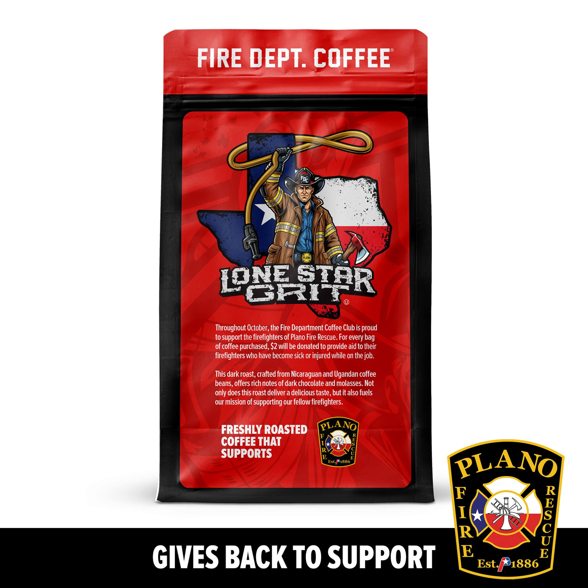 Fire Dept. Coffee package with Lone Star Grit branding and Plano Fire Rescue logo.

